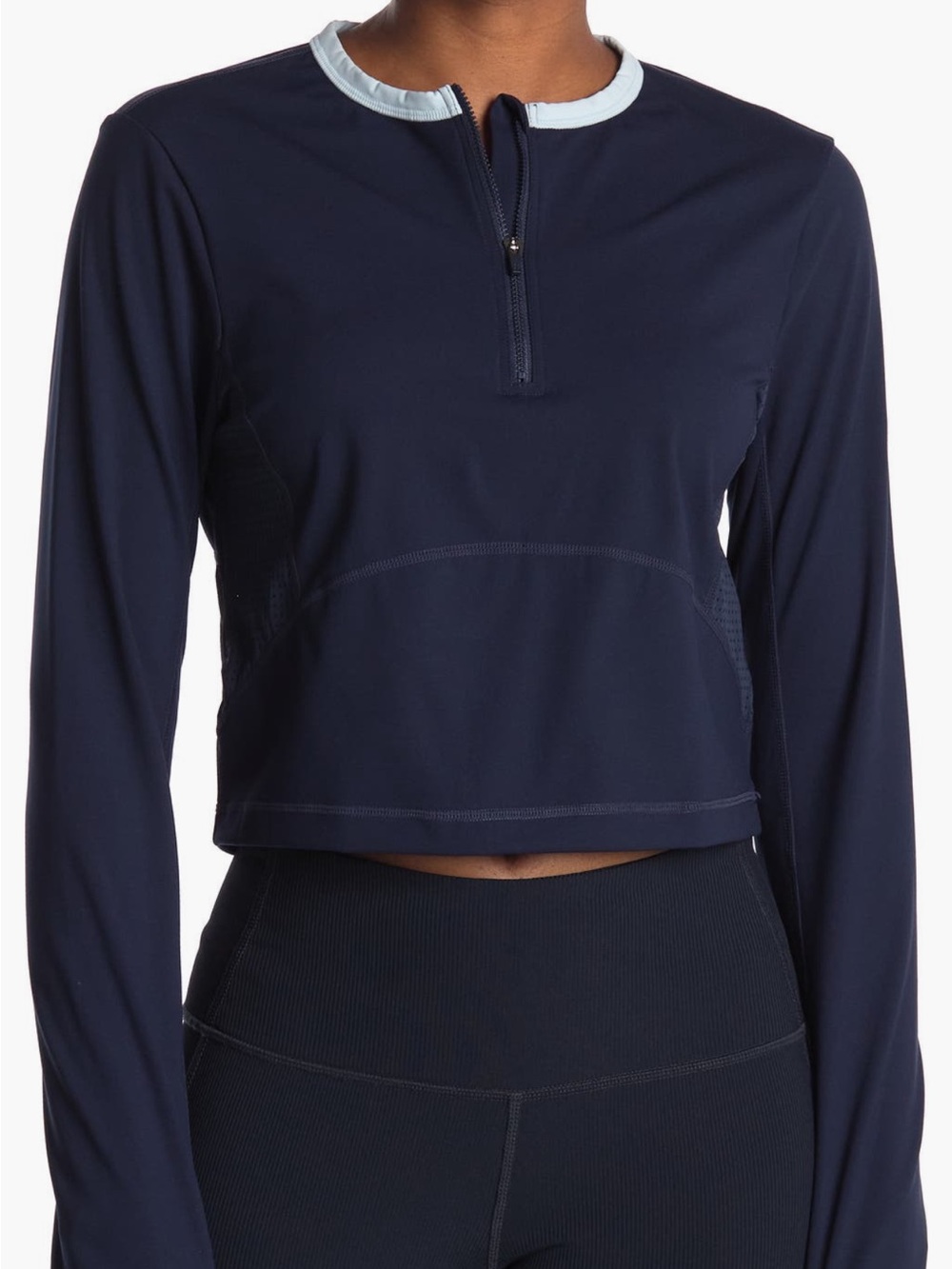 Sweaty Betty Navy Long-Sleeve Crop Top with Light Blue Trim